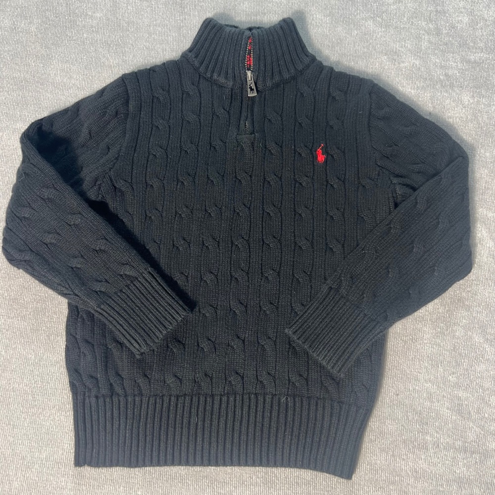 Polo Ralph Lauren Boys Navy Blue Cable Knit Quarter Zip Cotton Sweater Size 6